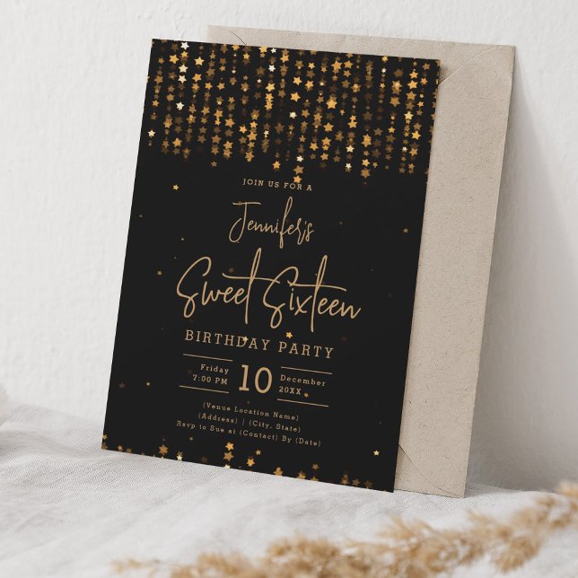 Glam Gold Falling Stars Sweet 16 Party Invitation (Creator Uploaded)