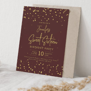 Glam Gold Faux Foil Dots Sweet 16 Party Burgundy Invitation