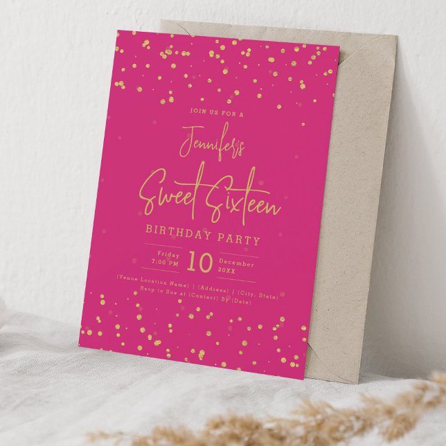 Glam Gold Faux Foil Dots Sweet 16 Party Hot Pink  Invitation (Glam Gold Faux Foil Dots Sweet 16 Party Hot Pink Invitation)