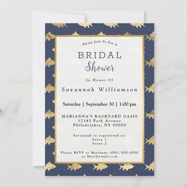 Glam Gold Fish Navy Blue Bridal Shower Invitation (Front)