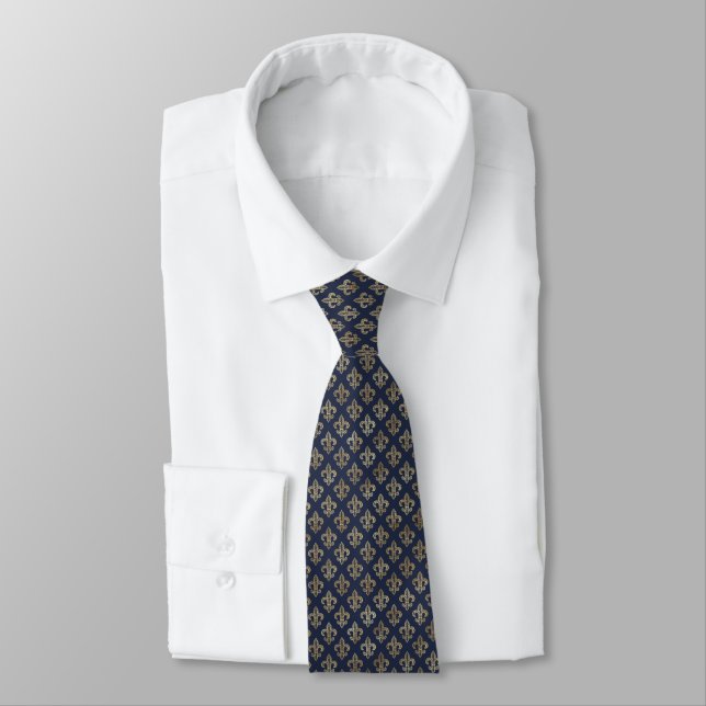 Glam Gold Fleur de Lis Navy Blue Tie (Tied)