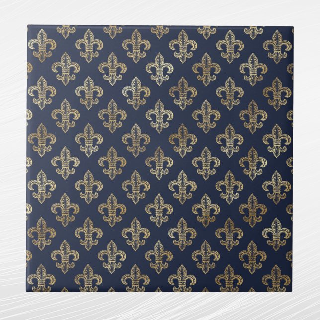 Glam Gold Fleur de Lis Navy Blue Tile (Creator Uploaded)