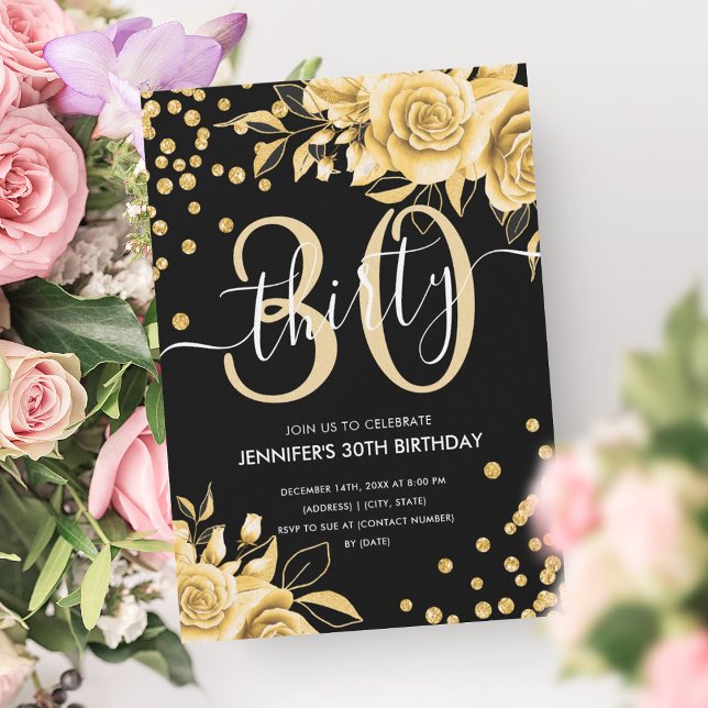 Glam Gold Floral Glitter 30th Birthday Black  Invitation (Glam Gold Floral Glitter 30th Birthday Black Invitation)