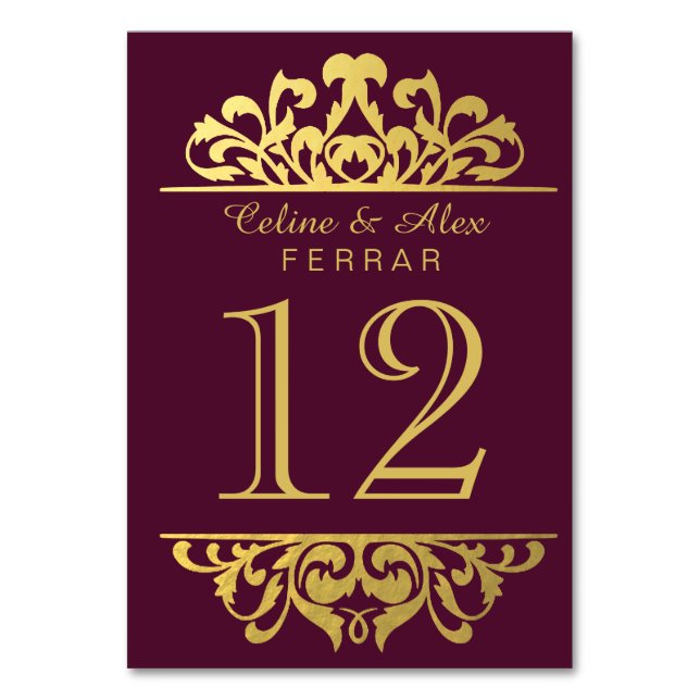 Glam Gold Foil Flourish Table Numbers | aubergine (Front)