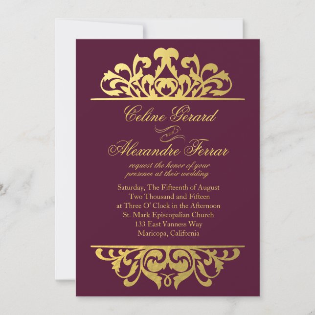 Glam Gold Foil Flourish Wedding | aubergine Invitation (Front)