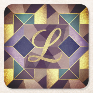 Glam Gold Geometric Shapes L Monogram Set Square Paper Coaster