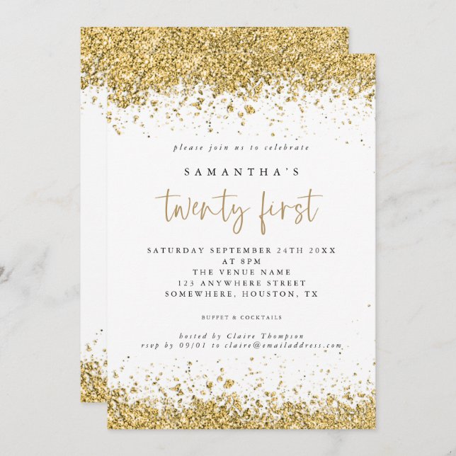 Glam Gold Glitter 21st Birthday Party Invitation (Front/Back)