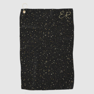 Glam gold glitter and sparkles on black image golf towel
