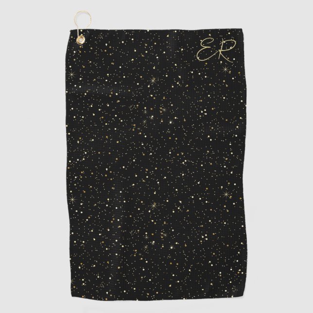Glam gold glitter and sparkles on black image golf towel (Front)