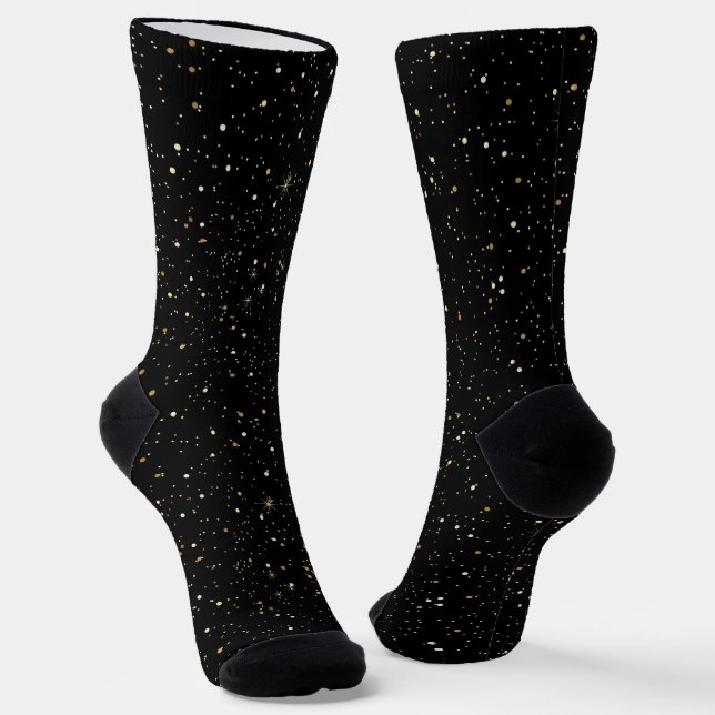 Glam gold glitter and sparkles on black image socks (Angled)
