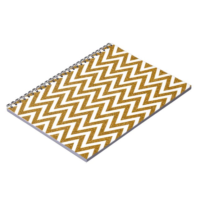 Glam gold glitter and white chevron stripes notebook (Left Side)