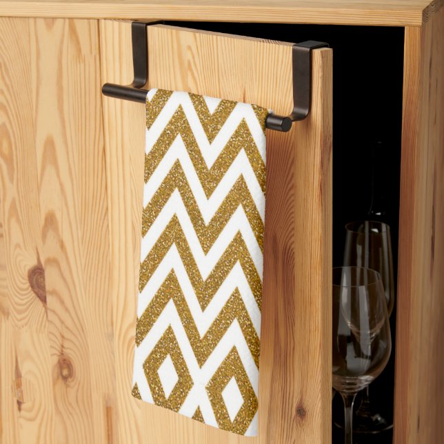 Glam gold glitter and white chevron stripes tea towel (Thirds Fold)
