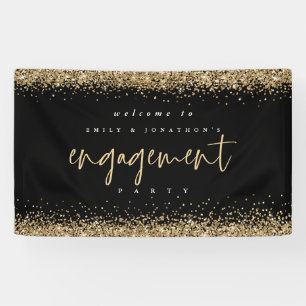 Glam Gold Glitter Black Welcome Engagement Party Banner