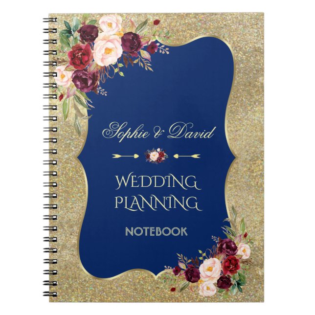 Glam Gold Glitter Blush Floral Wedding Planner Notebook (Front)
