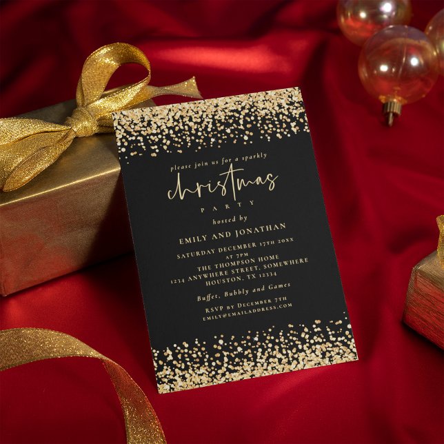 Glam Gold Glitter Christmas Party Black Invitation (Available digitally and printed)