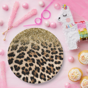 Glam Gold Glitter Cream Leopard Print Paper Plate