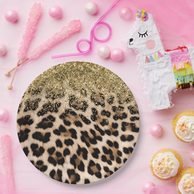 Glam Gold Glitter Cream Leopard Print Paper Plate (Party)