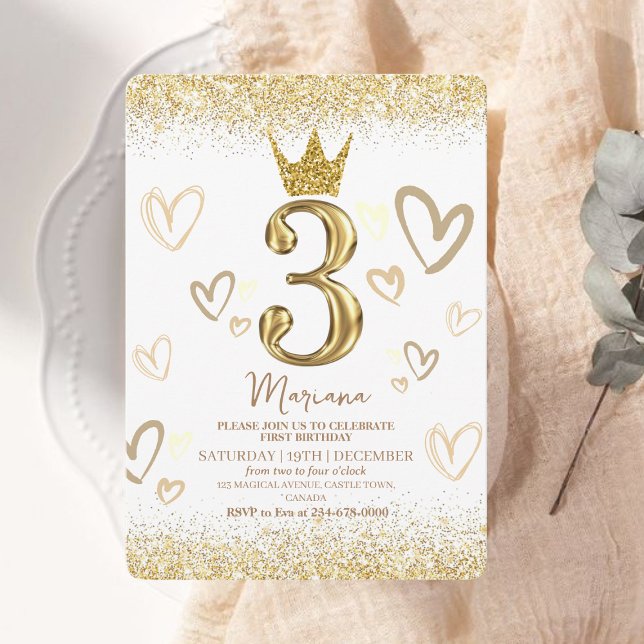 Glam Gold Glitter Crown 3rd Birthday Party Invitation (Creator Uploaded)