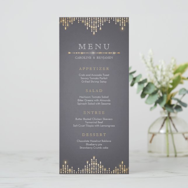 Glam gold glitter deco vintage wedding menu (Standing Front)