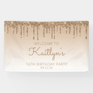 Glam Gold Glitter Drip 16th Birthday Party Banner