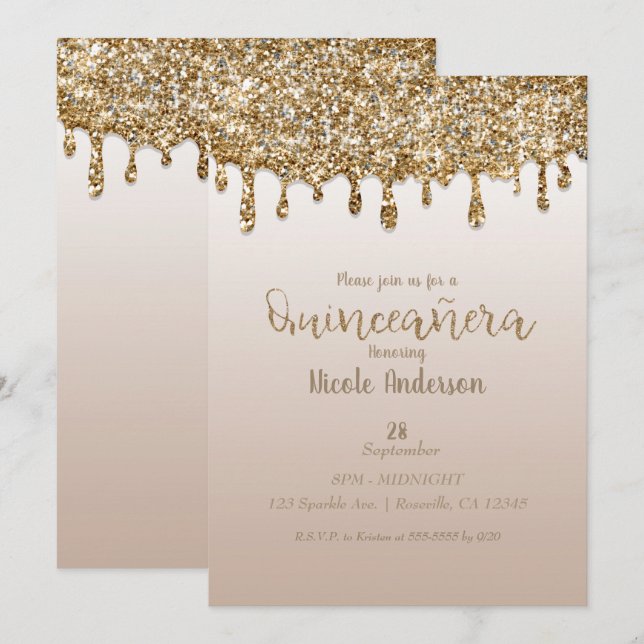 Glam Gold Glitter Drip Quinceañera 15 Birthday Invitation (Front/Back)