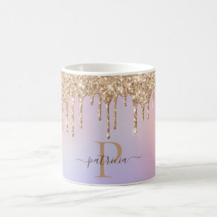 Glam Gold Glitter Drips Elegant Monogram Coffee Mug