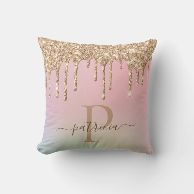 Glam Gold Glitter Drips Elegant Monogram  Cushion (Front)