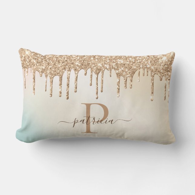 Glam Gold Glitter Drips Elegant Monogram  Lumbar Cushion (Front)