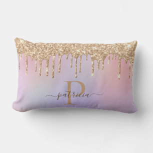 Glam Gold Glitter Drips Elegant Monogram Lumbar P Cushion
