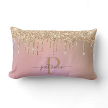Glam Gold Glitter Drips Elegant Monogram Lumbar P
