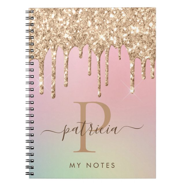 Glam Gold Glitter Drips Elegant Monogram Notebook (Front)