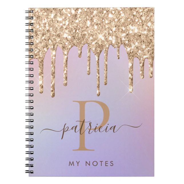 Glam Gold Glitter Drips Elegant Monogram Notebook (Front)