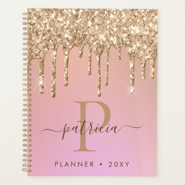Glam Gold Glitter Drips Elegant Monogram Planner (Front)