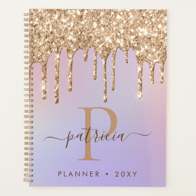 Glam Gold Glitter Drips Elegant Monogram Planner (Front)