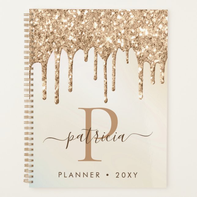 Glam Gold Glitter Drips Elegant Monogram Planner (Front)