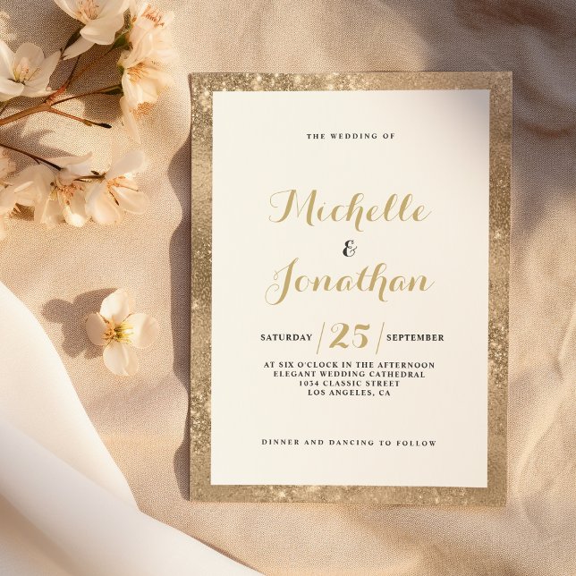 Glam gold glitter frame script calligraphy Wedding Invitation (Glam gold glitter frame script calligraphy Wedding)