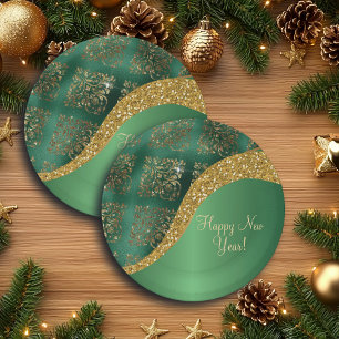 Glam Gold Glitter Green Metallic Festive Paper Plate