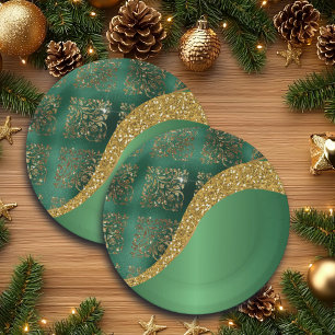 Glam Gold Glitter Green Metallic Festive Paper Plate