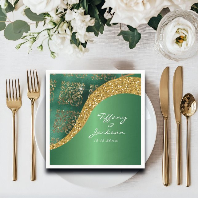 Glam Gold Glitter Green Metallic Wedding Napkin (Creator Uploaded)