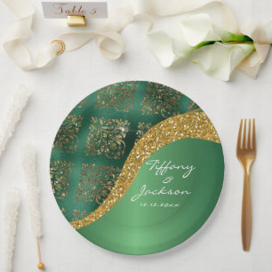 Glam Gold Glitter Green Metallic Wedding Paper Plate