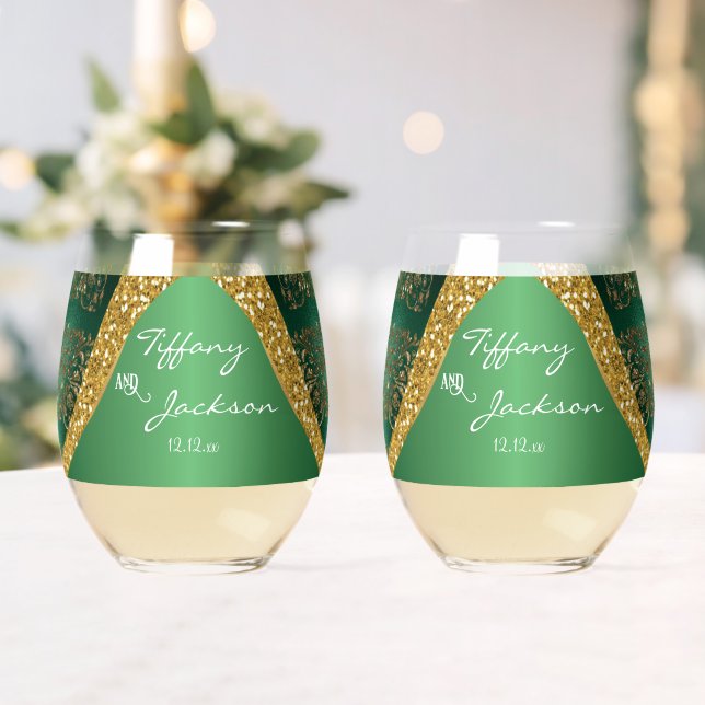 Glam Gold Glitter Green Metallic Wedding Stemless Wine Glass (Insitu (Wedding))