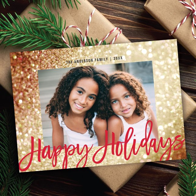 Glam Gold Glitter Happy Holidays Script 1 Photo Holiday Card (Creator Uploaded)