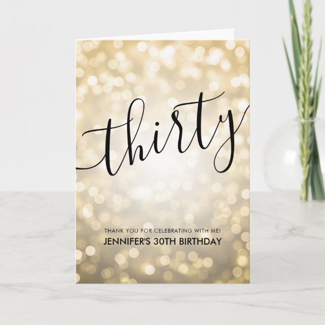 Glam Gold Glitter Lights 30th Birthday Thank You Card (Front)
