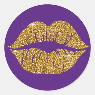 Glam Gold Glitter Lips Trendy Sparkle Purple Classic Round Sticker