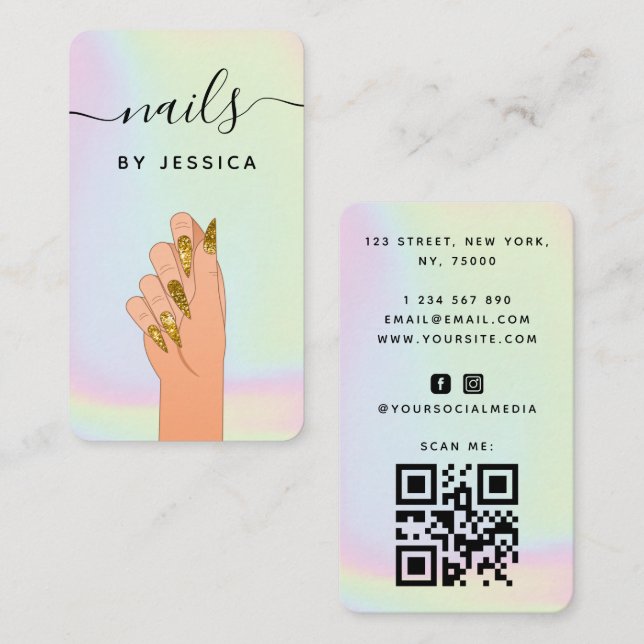 Glam Gold Glitter Nails Holographic Pastel Salon Business Card (Front/Back)