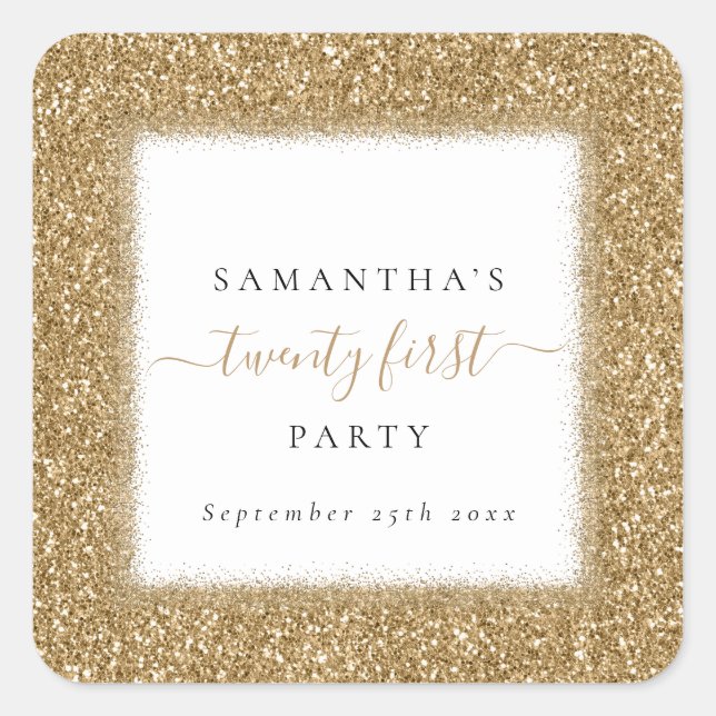 Glam Gold Glitter Name 21st Birthday Party Square Sticker (Front)