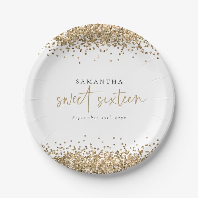 Glam Gold Glitter Name Date Sweet Sixteen Paper Plate (Front)