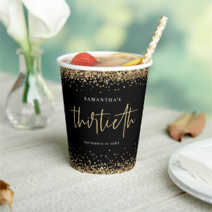 Glam Gold Glitter Name Date Thirtieth Party Black Paper Cups
