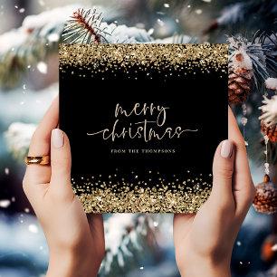 Glam Gold Glitter Name Merry Christmas Black Holiday Card