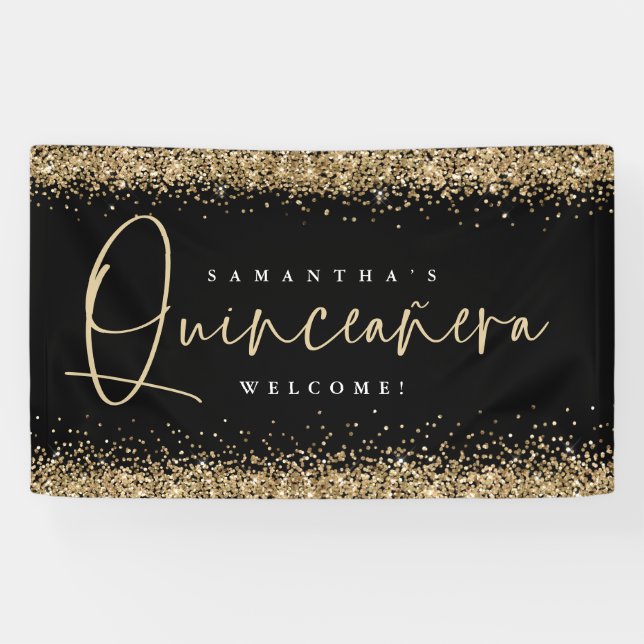 Glam Gold Glitter Name Welcome Quinceañera Black Banner (Horizontal)